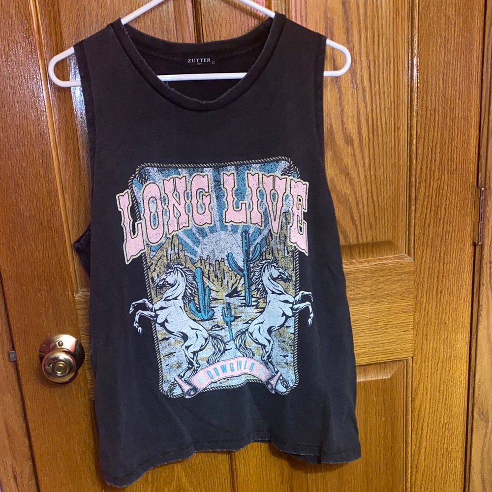 Black Long Live Cowgirls Graphic Tank Top with Western Design